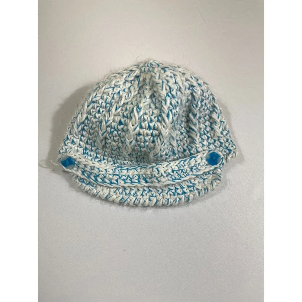 Pistil Blue White Chunky Knit Beanie Hat Button Brim Boho Winter Aesthetic